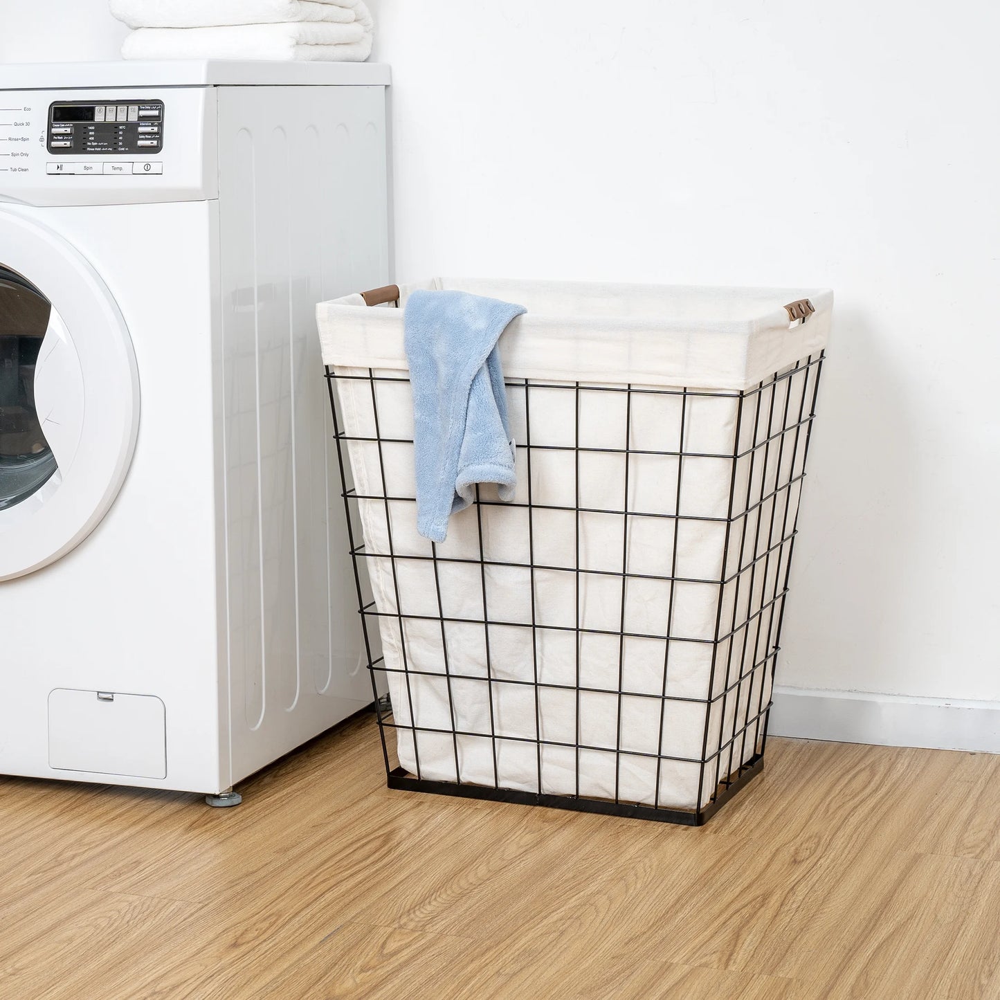 75L Rectangular Steel Wire Laundry Basket Hamper Sortor with Removable Cotton Blend Liner for Adult, Black & Natural