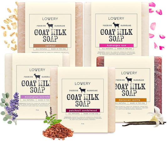 Goat Milk Soap with Organic Shea Butter - Goats Milk Soap Bars - Oatmeal, Eucalyptus Lavender, Moroccan Vanilla, Hydrangea Rose, Patchouli Sandalwood, All Natural Soap Bar, 5 Pack