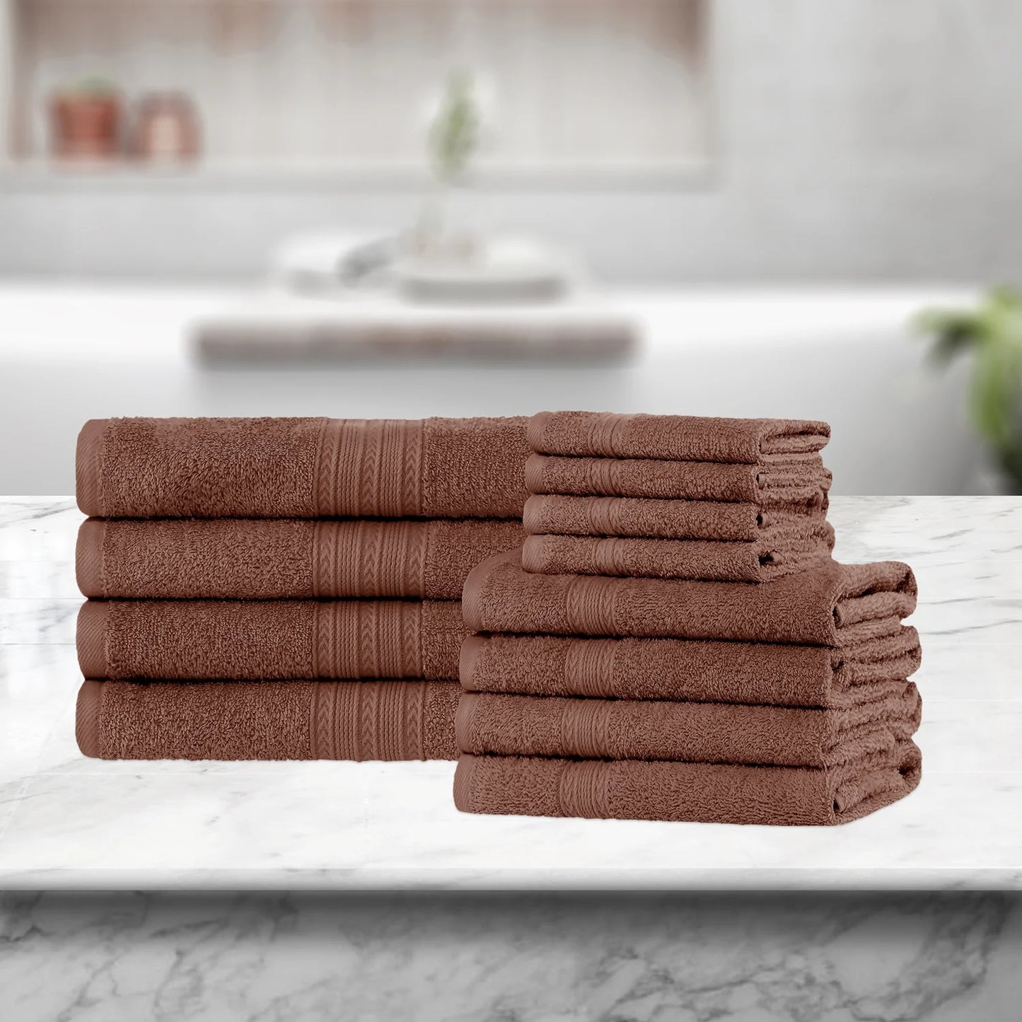 Superior Eco-Friendly Cotton Solid 12-Piece, Brown, Towel Set