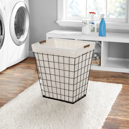 75L Rectangular Steel Wire Laundry Basket Hamper Sortor with Removable Cotton Blend Liner for Adult, Black & Natural